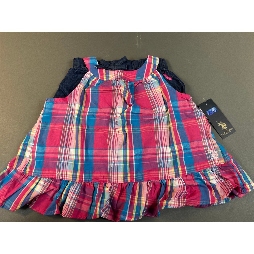 US Polo Assn Toddler Girls Plaid Top and Denim Shorts Set Fuchsia Pink 4T